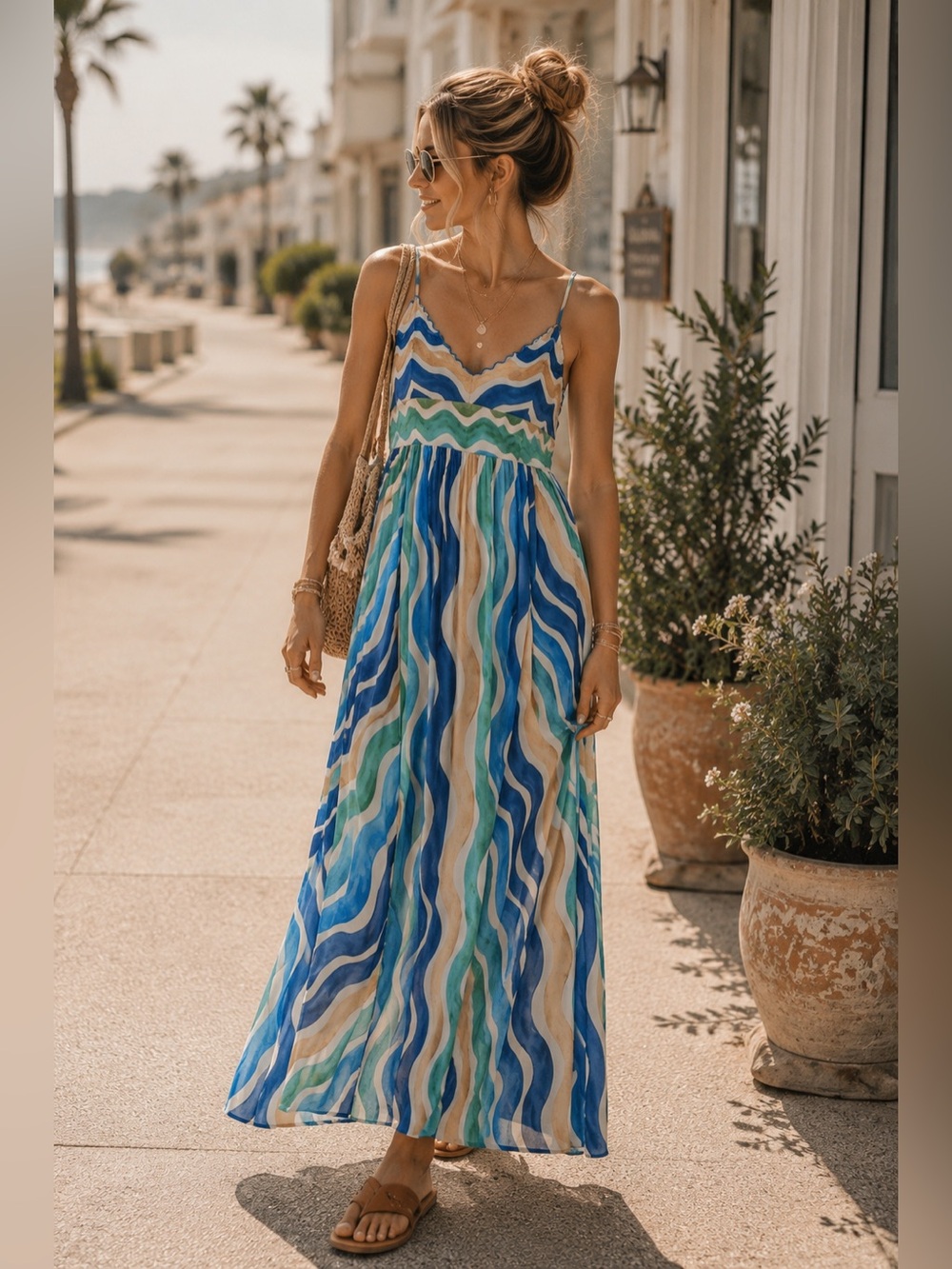 Flying Tomato Blue Green Wave Print Maxi Dress Open smocked Back Adjust Strap
